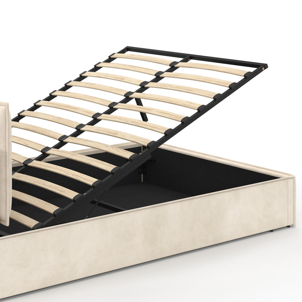 Lit coffre Lilou en velours beige avec sommier et tête de lit effet oreiller 140x190cm