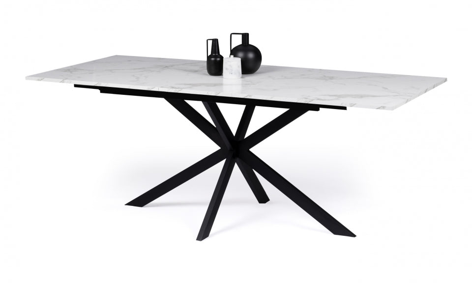 Table repas Glam plateau extensible 160-200cm effet marbre blanc et pieds croisés noirs