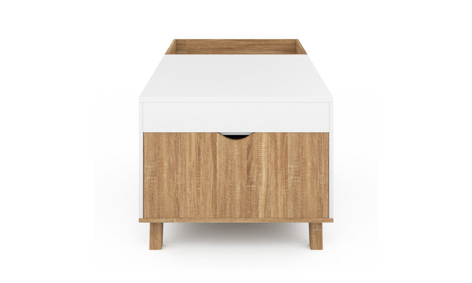 Table basse Stella avec plateau relevable et double coffre bois et blanc