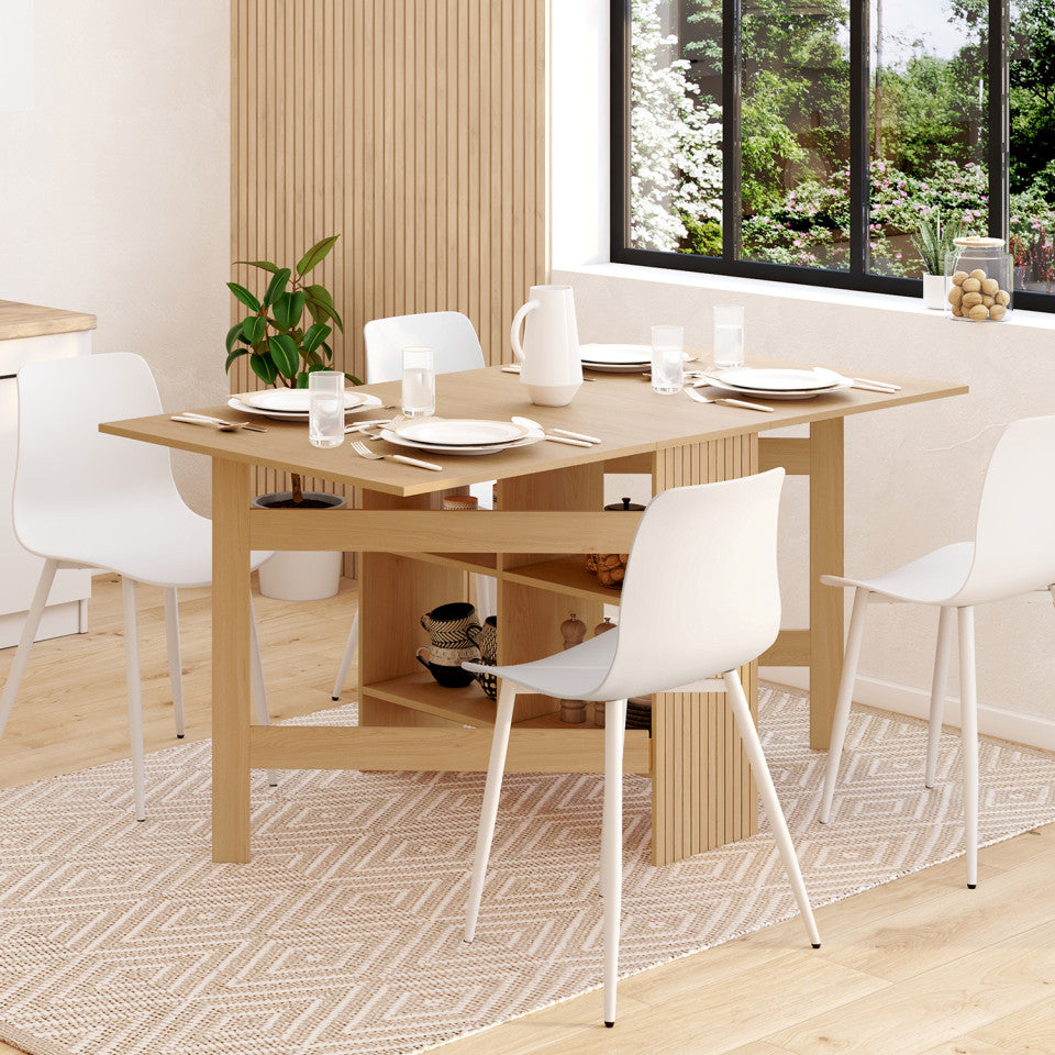 Table à manger dépliable Faustine avec rangement intégré bois et lattes 150cm