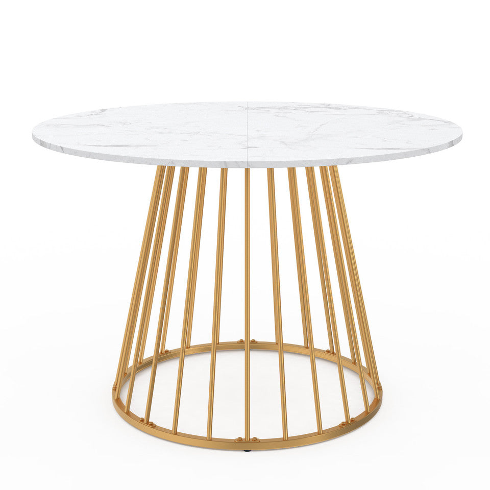 Table repas Adelle plateau rond effet marbre 110cm et pied filaire doré