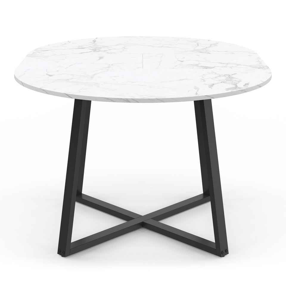 Table repas Sana plateau extensible 110-150cm rond effet marbre et pieds noirs