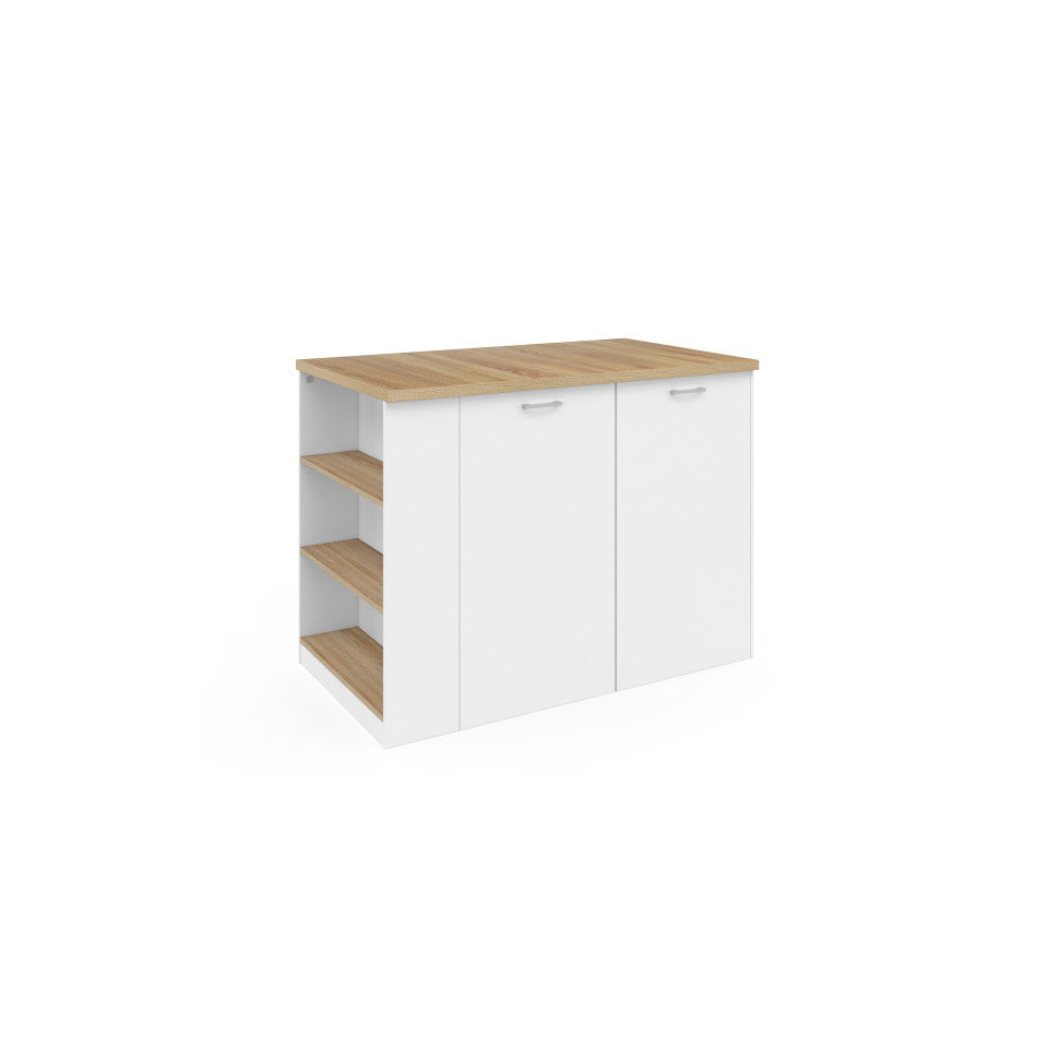 Ilot central de cuisine Dario L120cm bois et blanc avec rangements