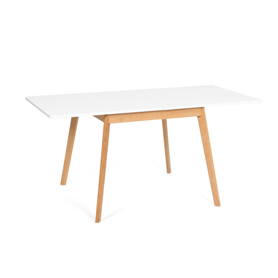 Table repas scandinave pliable 80-160cm plateau blanc et pieds bois