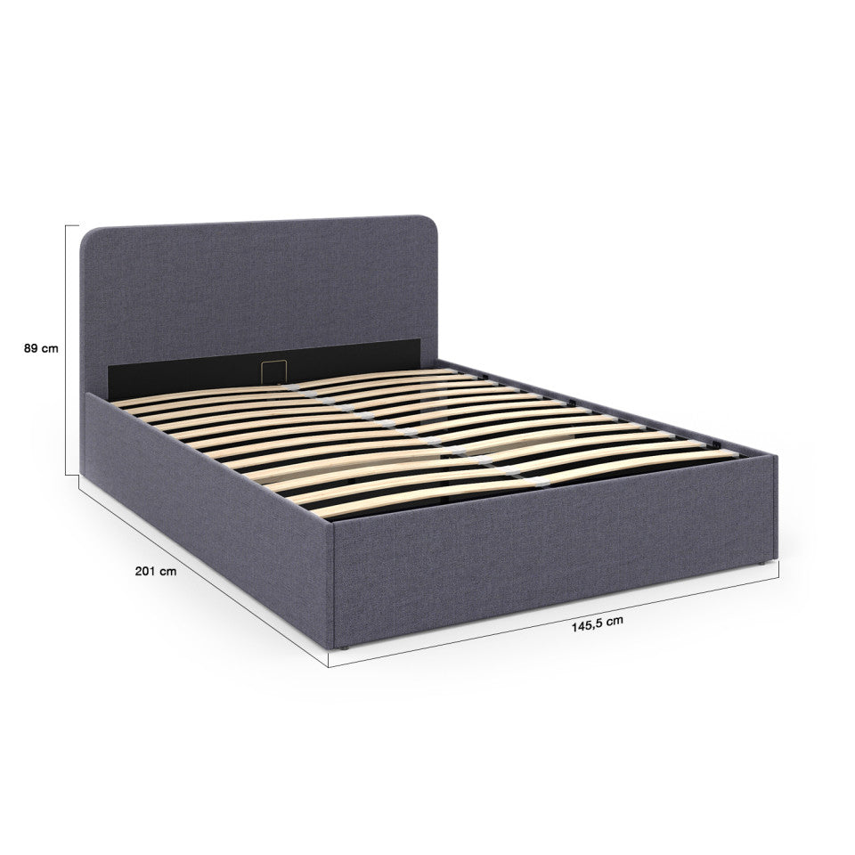 Lit coffre Louise en tissu gris avec sommier et tête de lit arrondie 140x190cm