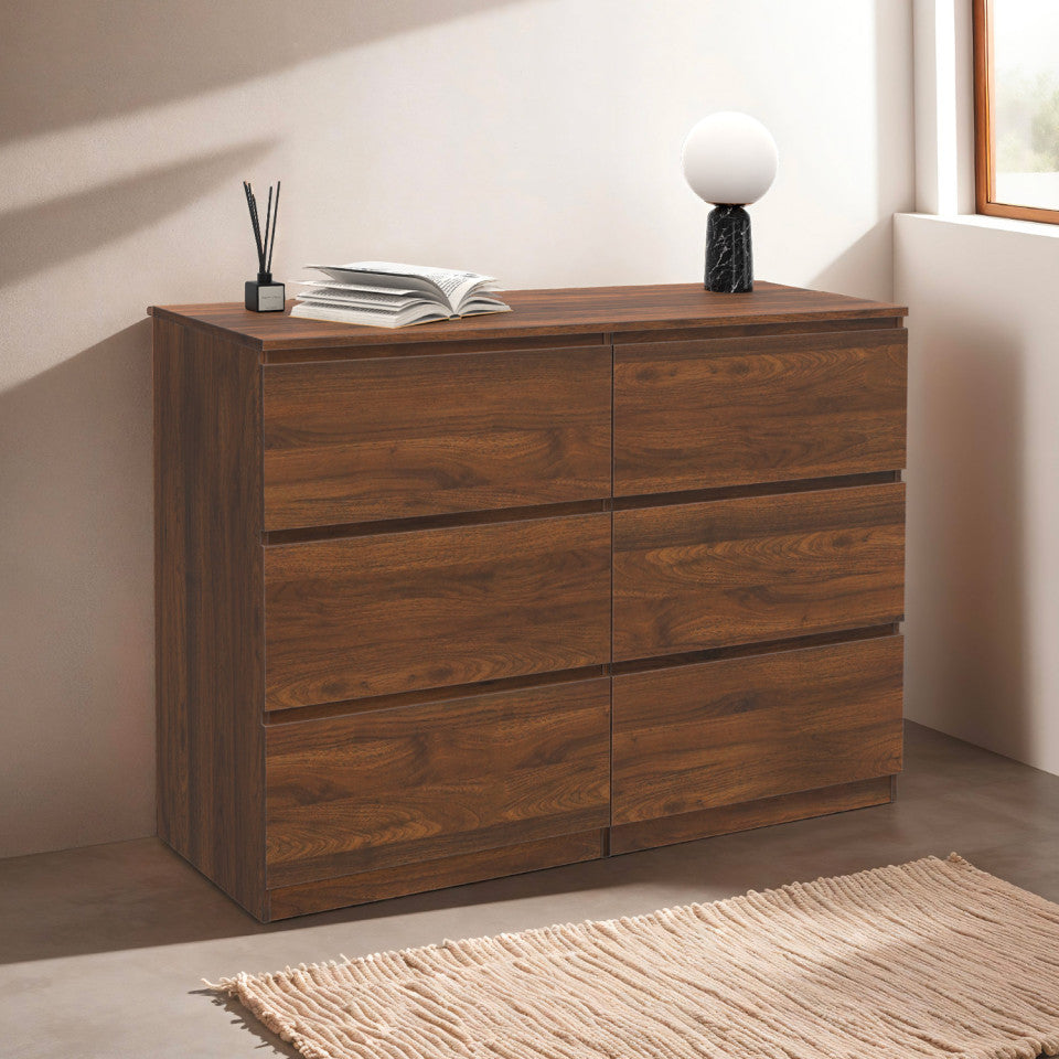 Commode Tomi 6 tiroirs effet bois noyer