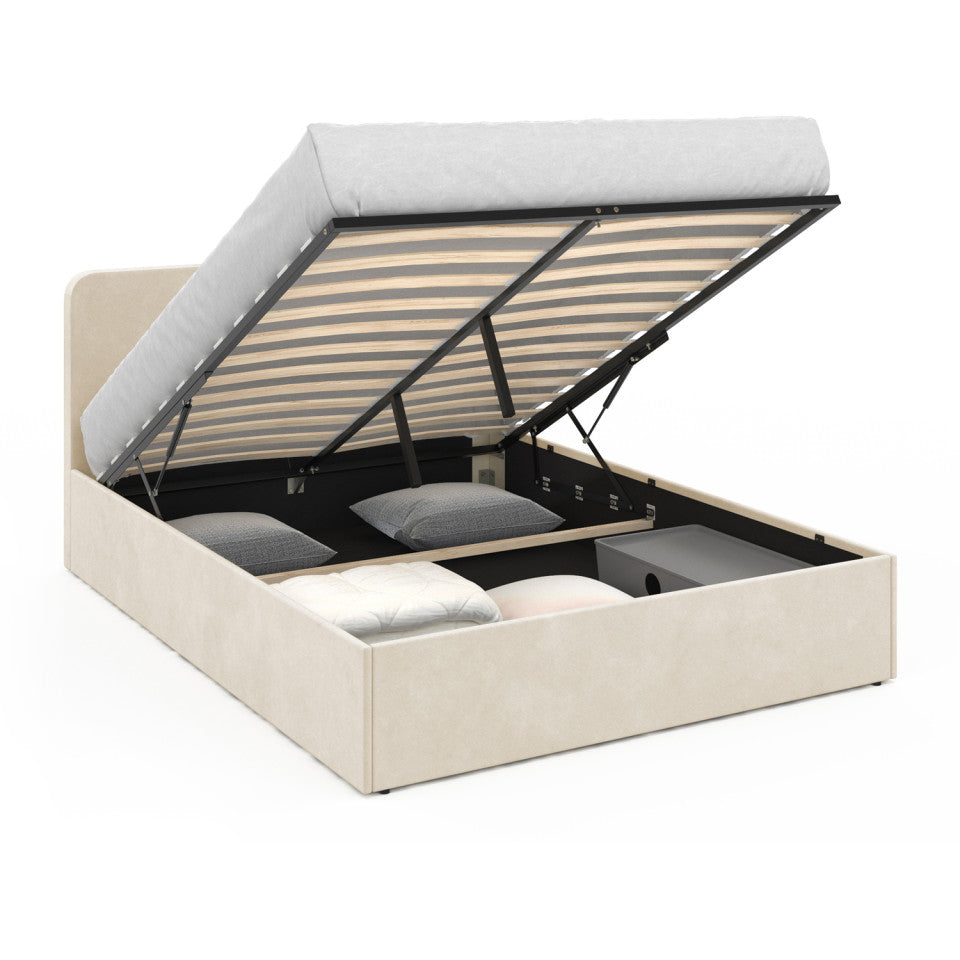 Lit coffre Louise en velours beige avec sommier et tête de lit arrondie 160x200cm
