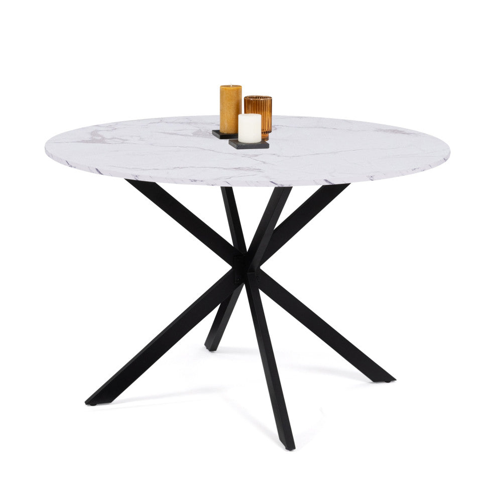 Table repas Soline 110cm plateau rond effet marbre et pieds croisés noirs