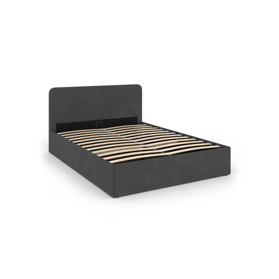 Lit coffre Louise en velours gris avec sommier et tête de lit arrondie 140x190cm
