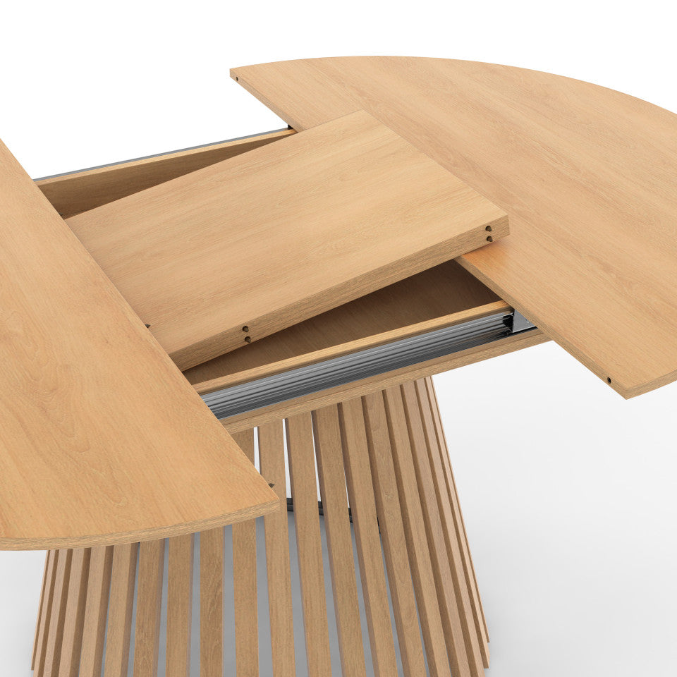 Table repas Camélia plateau rond extensible 110-150cm et pieds lattes