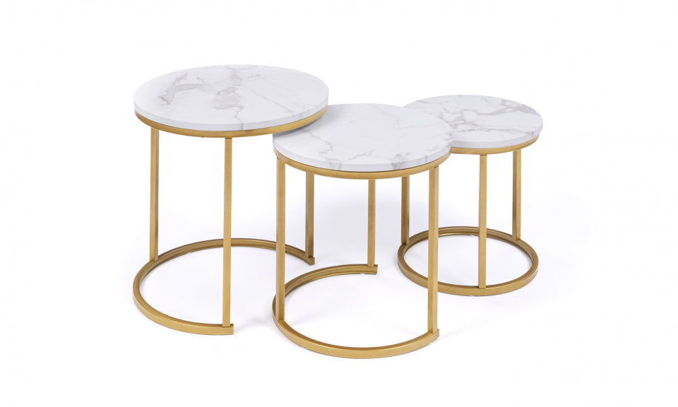 Tables basses rondes gigognes Glam plateau effet marbre blanc et pieds dorés - Lot de 3