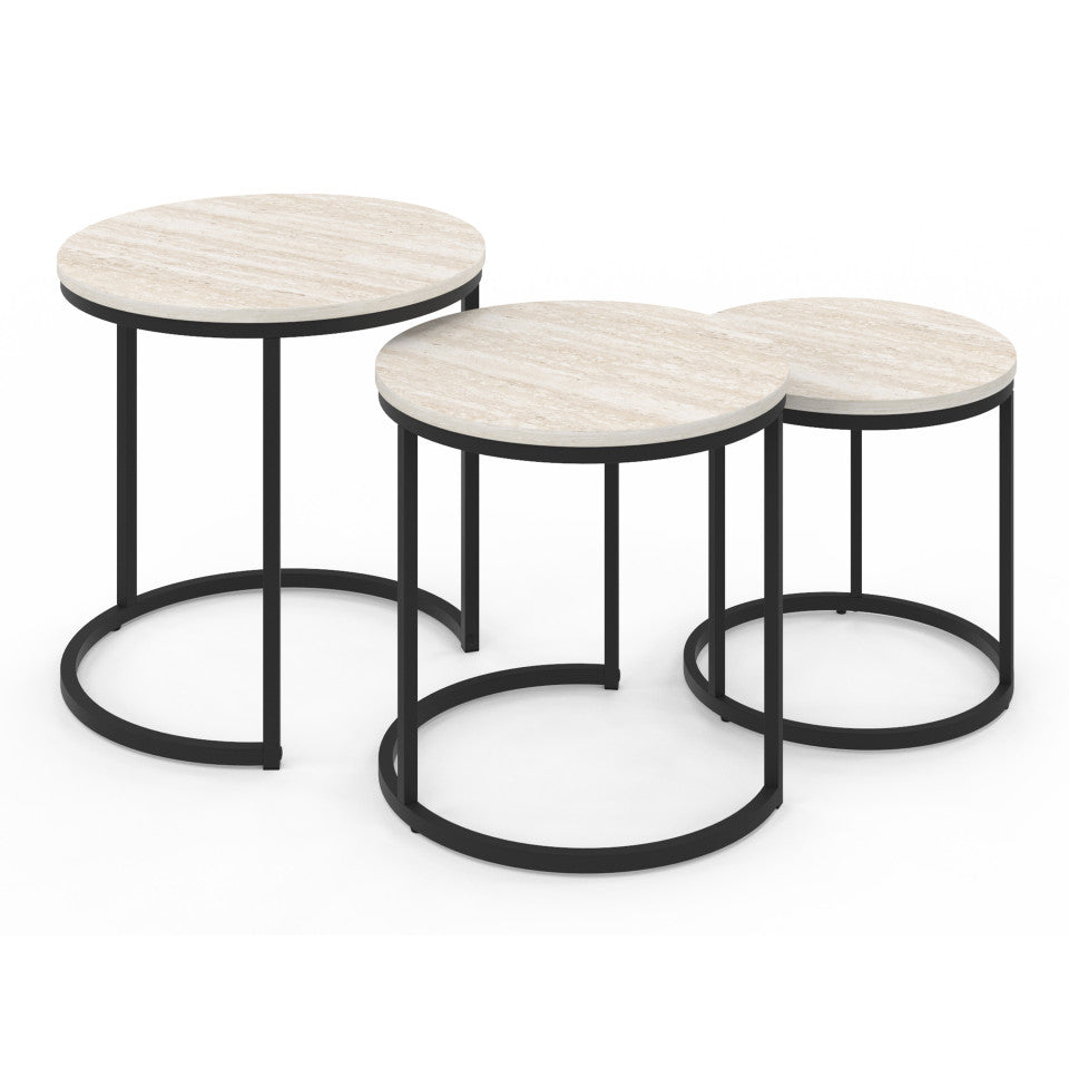 Tables basses gigognes Memphis effet travertin et pieds noirs - lot de 3