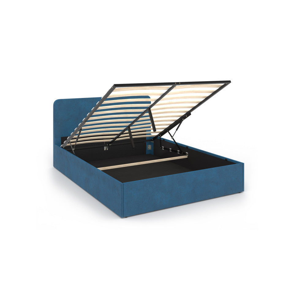 Lit coffre Louise en velours bleu avec sommier et tête de lit arrondie 140x190cm
