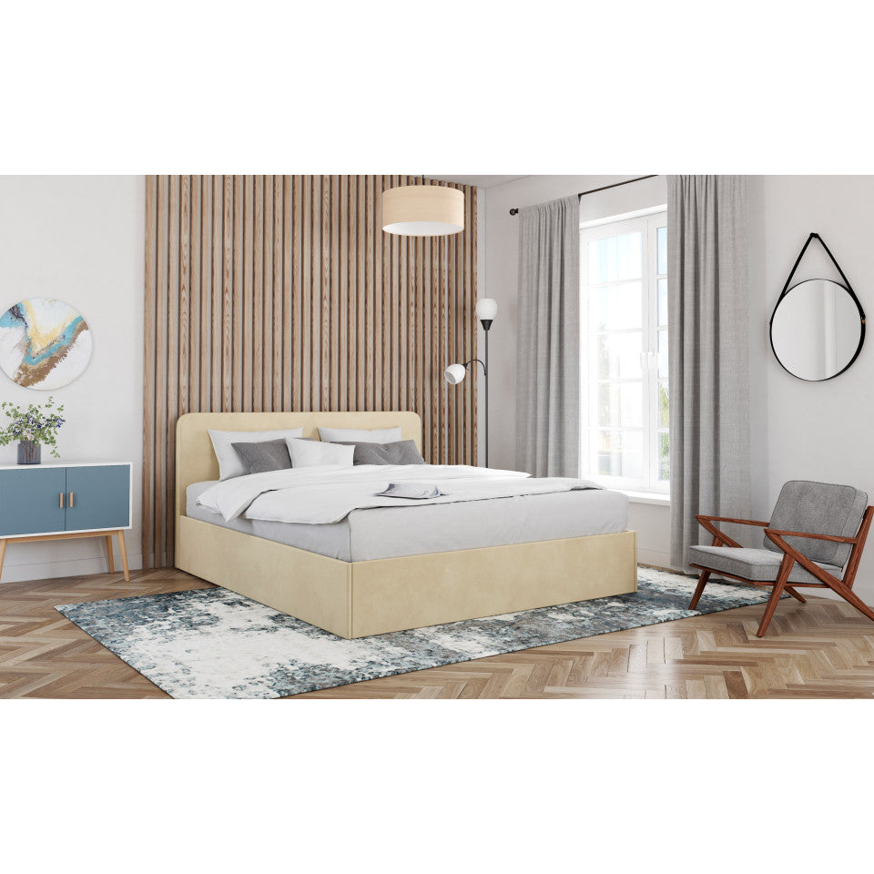 Lit coffre Louise en velours beige avec sommier et tête de lit arrondie 160x200cm