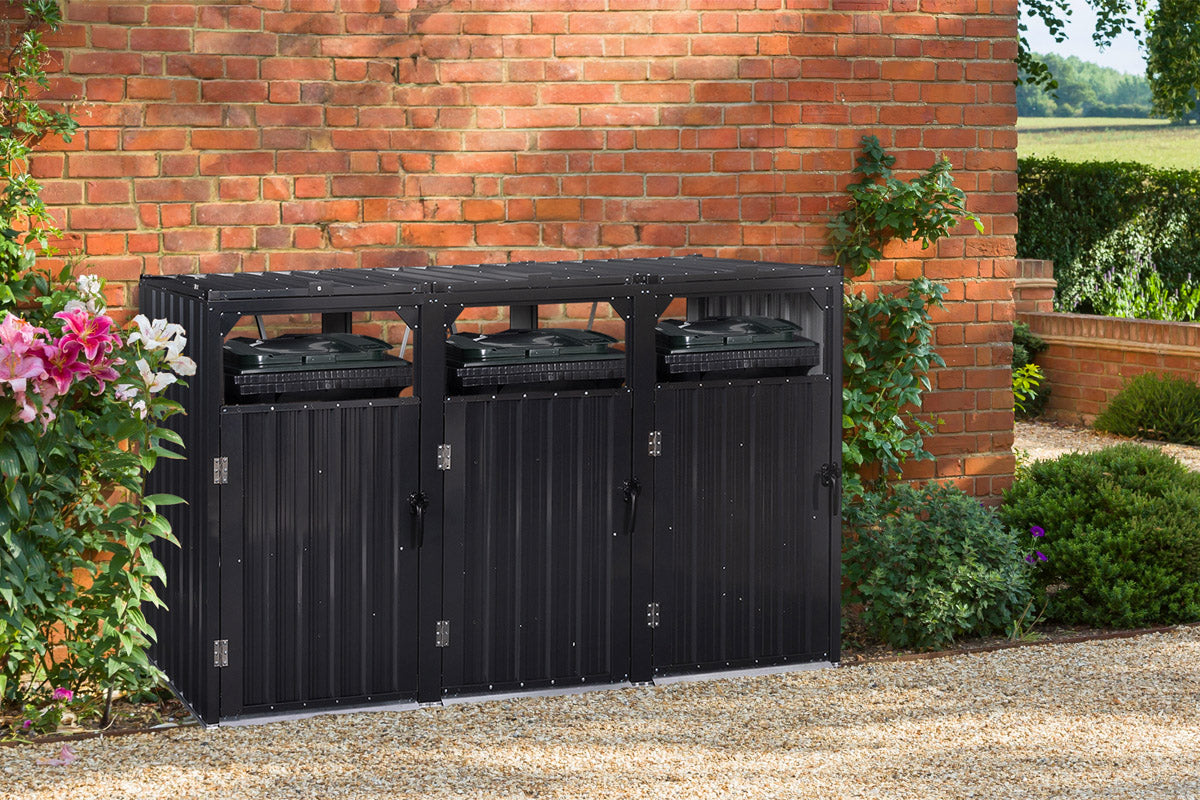 Cache poubelles triple en métal gris anthracite
