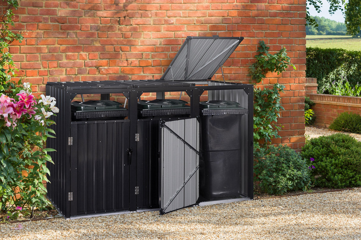 Cache poubelles triple en métal gris anthracite