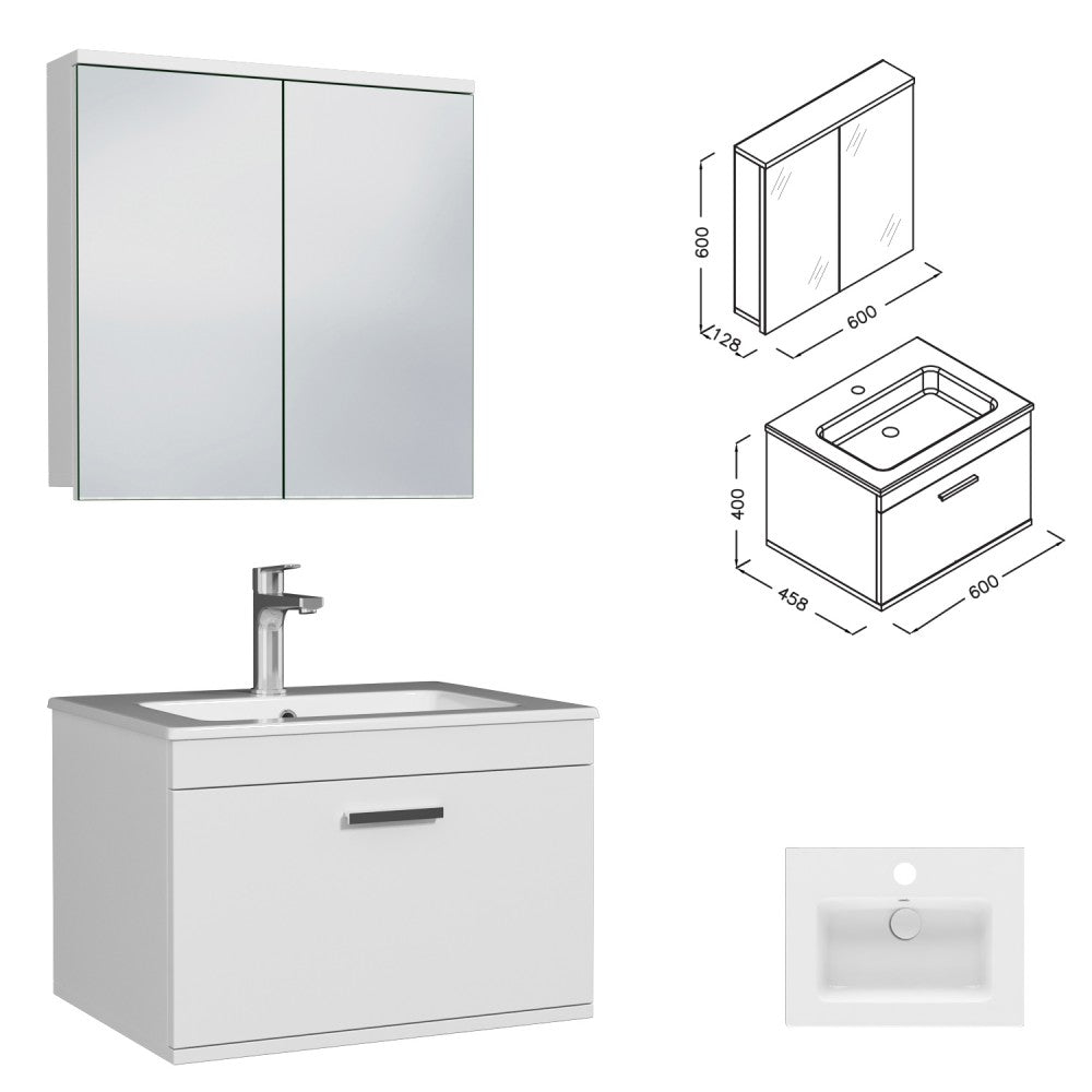Meuble simple vasque Rubite 1 tiroir 60 cm + + miroir armoire