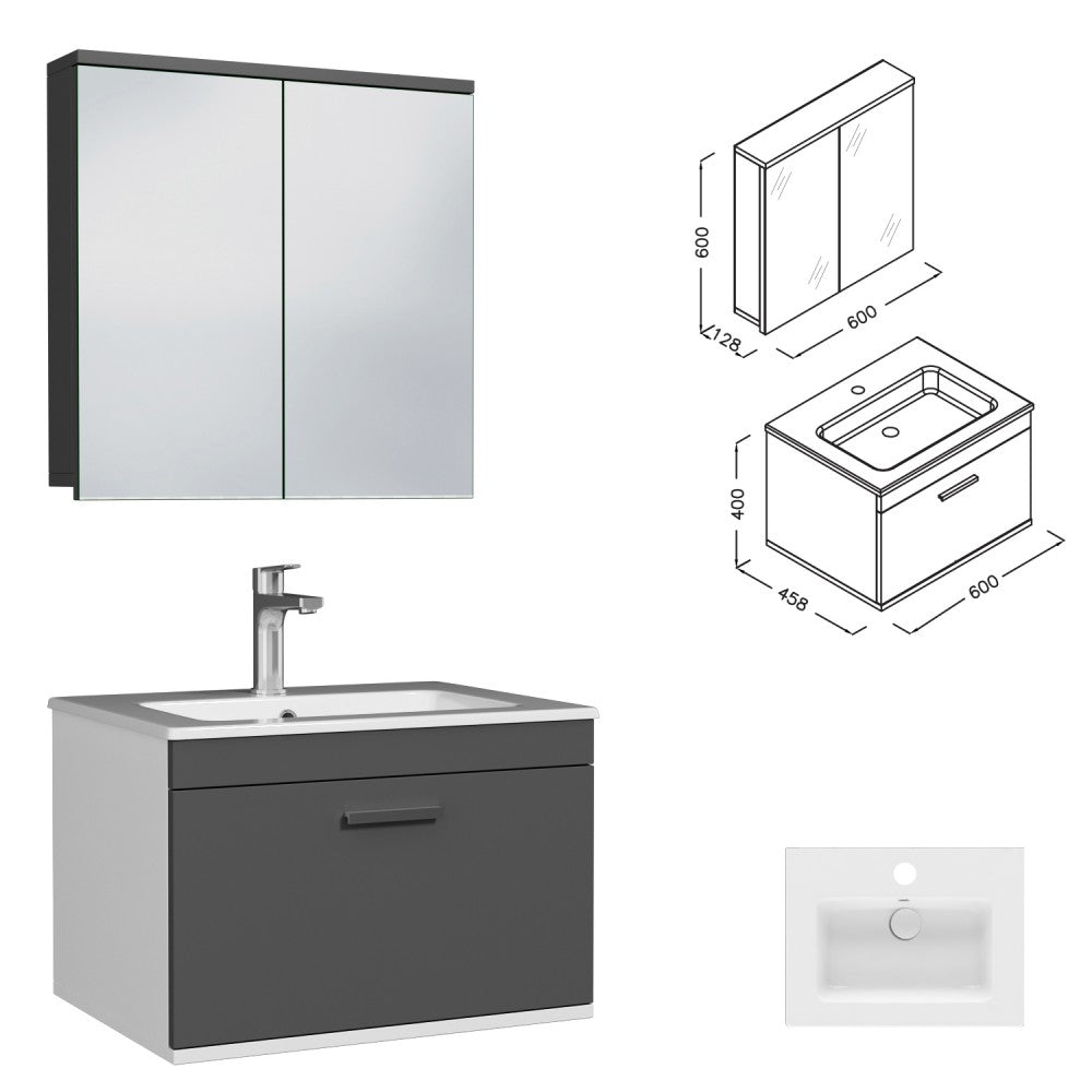 Meuble simple vasque Rubite 1 tiroir 60 cm + + miroir armoire