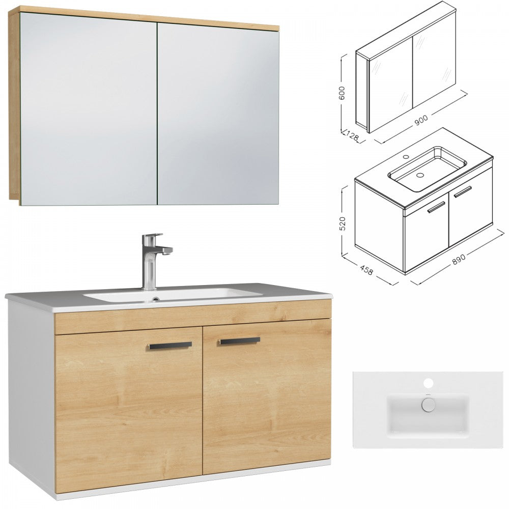 Meuble simple vasque Rubite 2 portes 90 cm + miroir armoire
