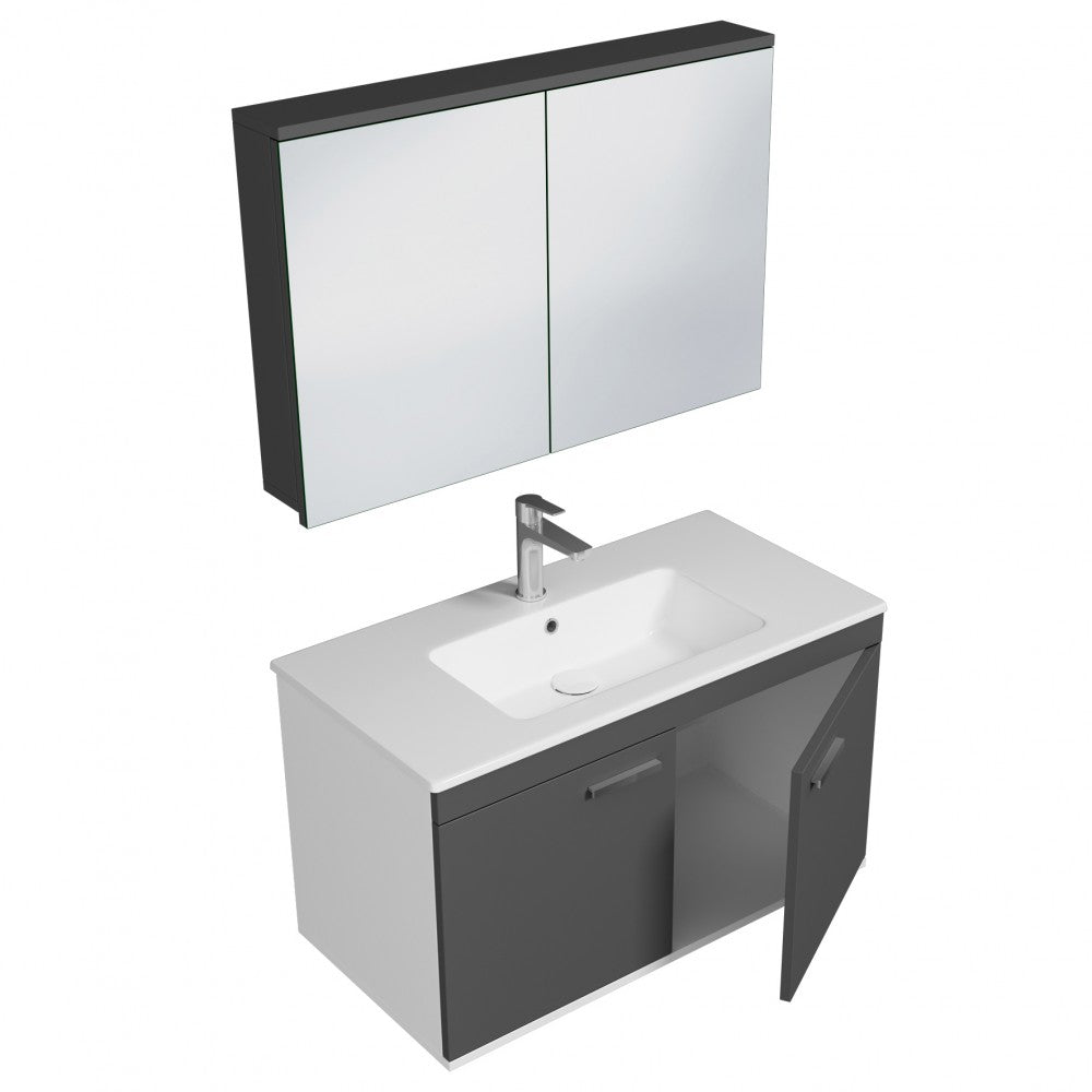 Meuble simple vasque Rubite 2 portes 100 cm + miroir armoire