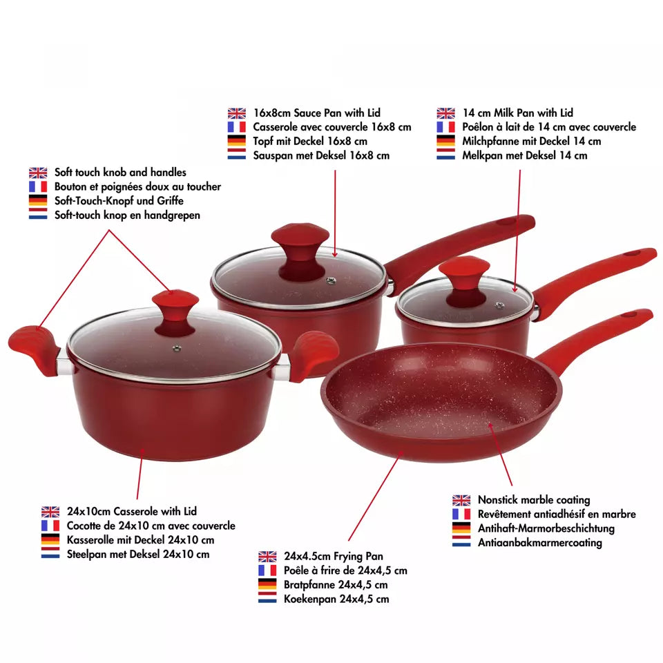 Batterie de cuisine forgée revêtement en marbre Rouge 7 pièces tous feux