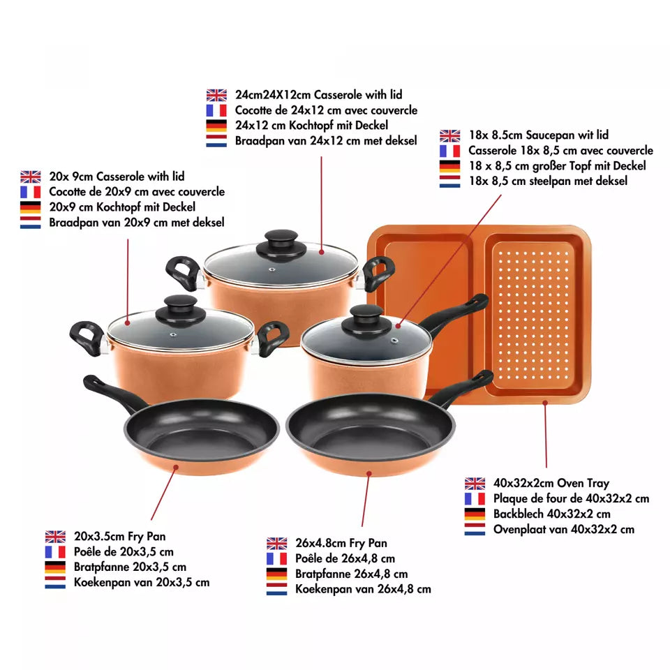 Batterie de cuisine anti-adhésive en cuivre 9 pièces tous feux