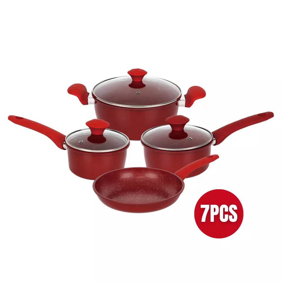 Batterie de cuisine forgée revêtement en marbre Rouge 7 pièces tous feux