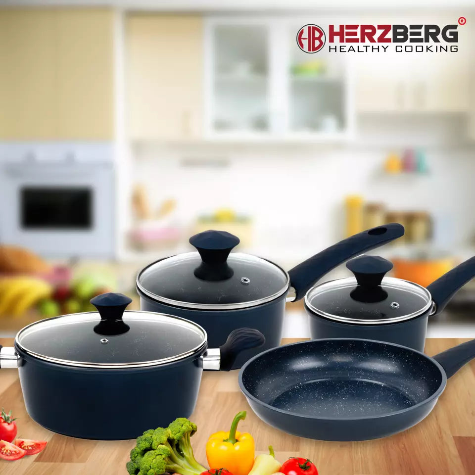 Batterie de cuisine forgée revêtement en marbre bleu 7 pièces tous feux