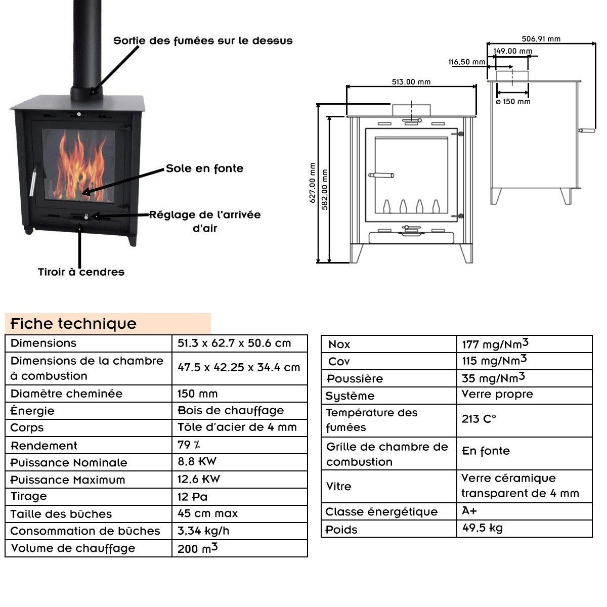 Poêle à bois à accumulation 12KW - bûches de 45 cm - rendement élevé