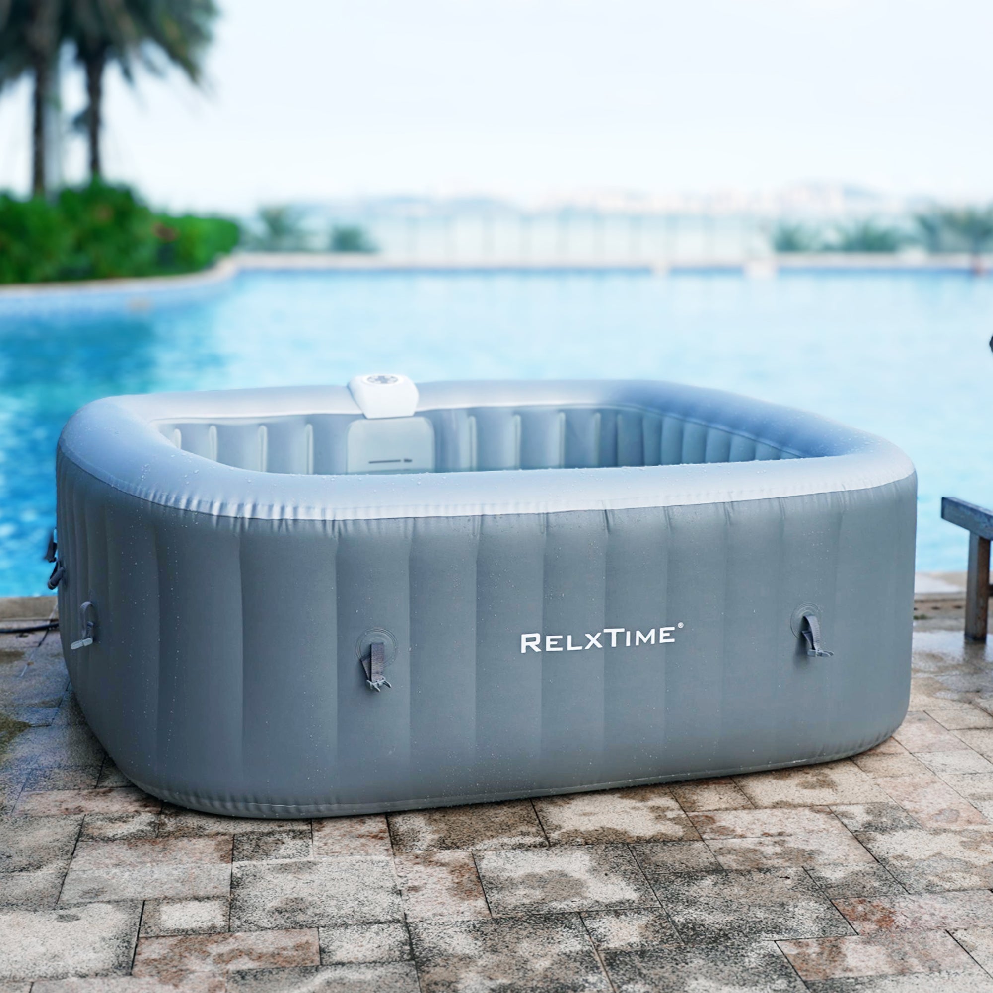 Spa gonflable 6 places carré - RELXTIME - 130 Jets - Gris - Filtre et bâche inclus