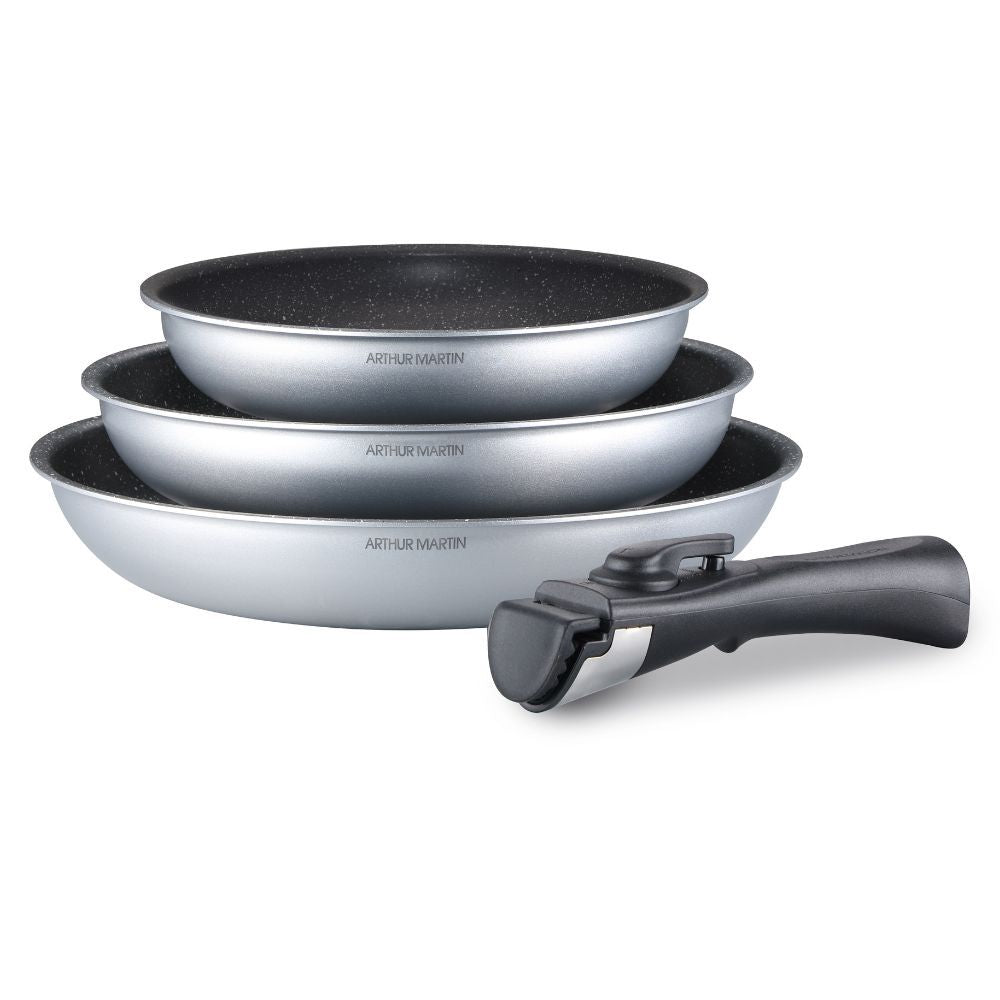 Set de 3 Poêles Tous Feux Silver Arthur Martin 20 - 24 - 28 cm avec une Poignée