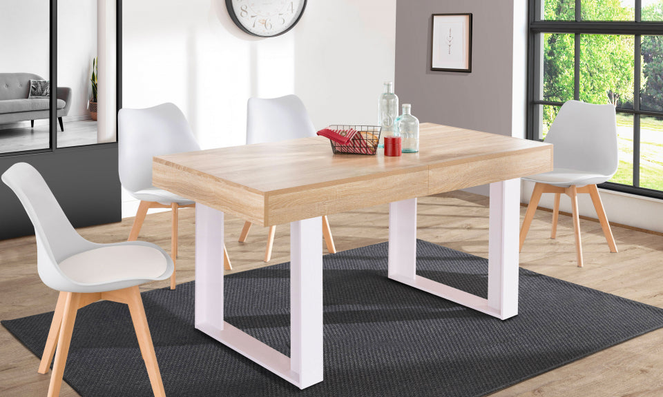 Table repas Brixton plateau extensible 160-200cm bois et pieds blancs