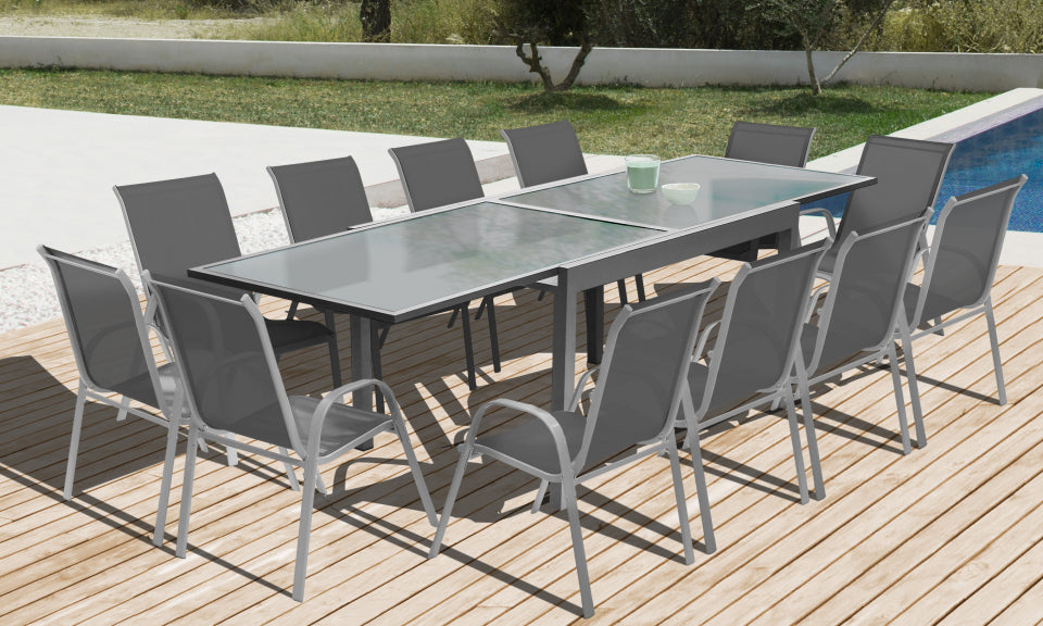 Table de jardin extensible en verre trempé gris foncé 135-270cm