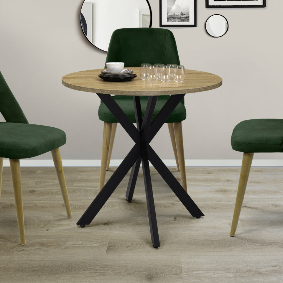 Table repas Soline 110cm plateau rond pieds croisés noirs