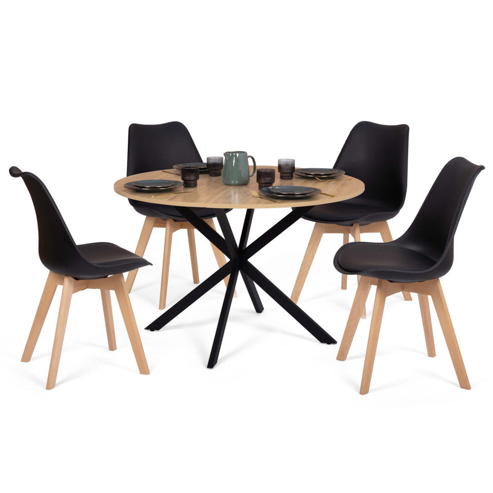 Table repas Soline 110cm plateau rond pieds croisés noirs