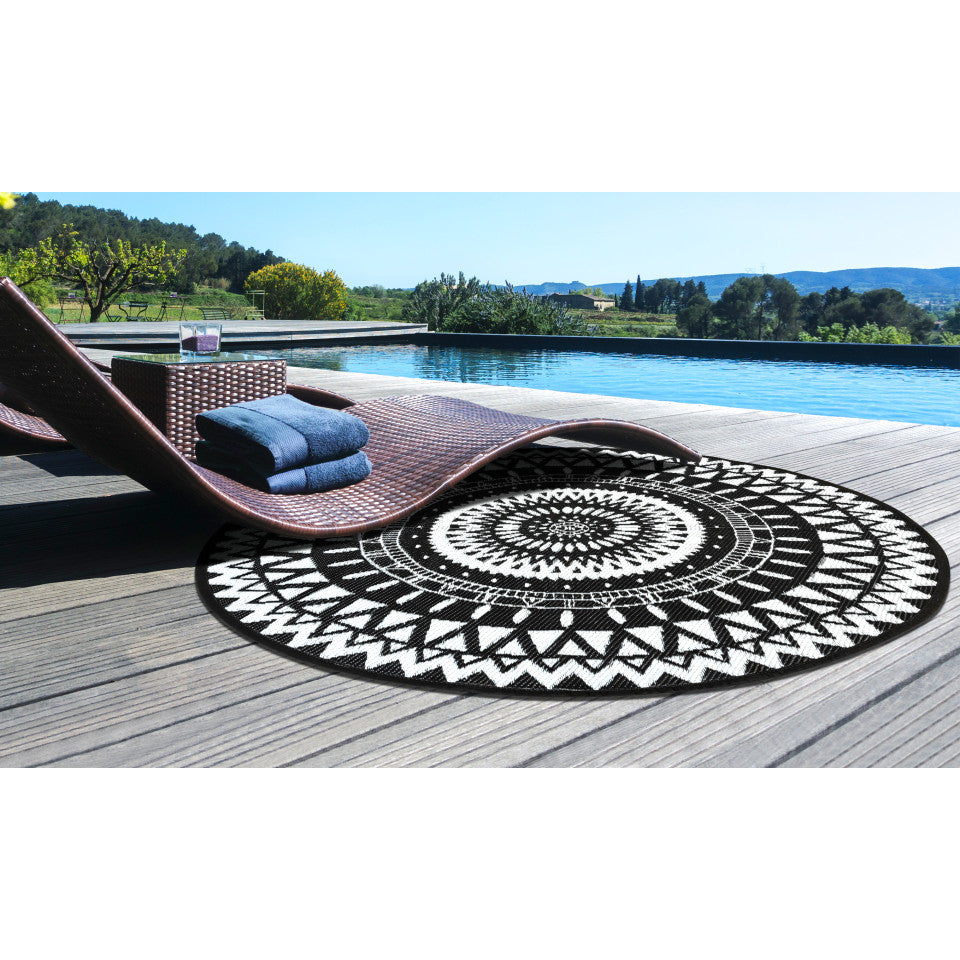 Tapis extérieur rond Maori motifs ethniques noir 250cm