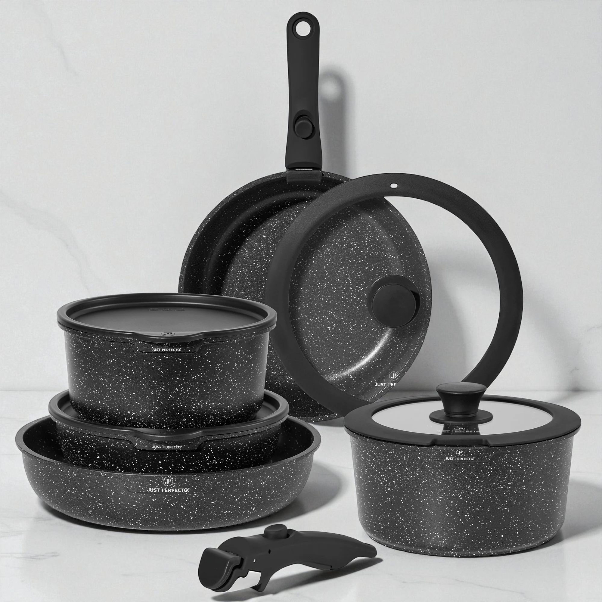 Batterie de cuisine 11 pièces avec poignées amovibles en Granit noir - Tous feux dont induction