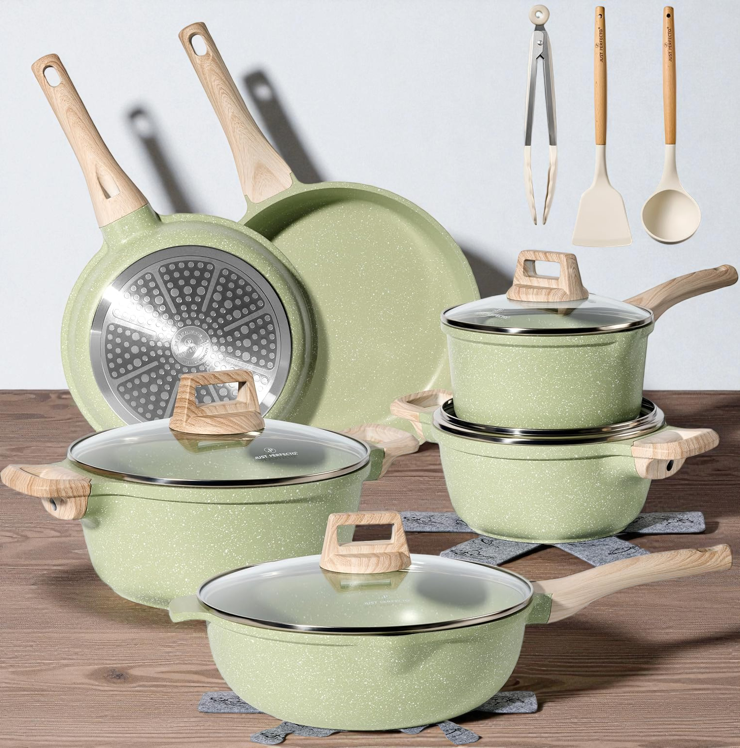 Batterie de cuisine 15 pièces antiadhésives en Granit vert - Tous feux dont induction