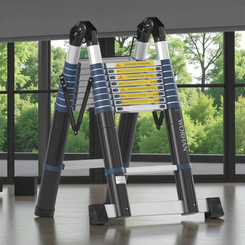 Escabeau télescopique en aluminium - 2 x 8 échelons - 5 m + 1 stabilisateur