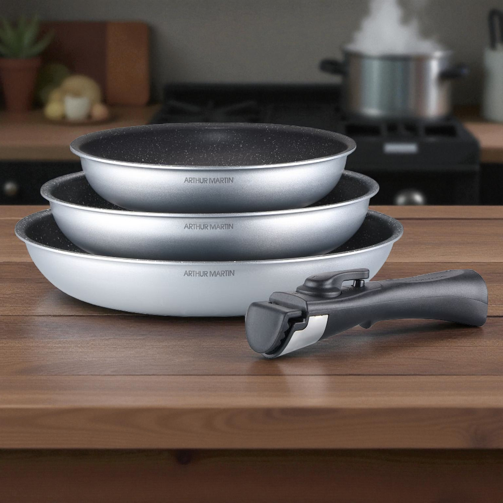 Set de 3 Poêles Tous Feux Silver Arthur Martin 20 - 24 - 28 cm avec une Poignée
