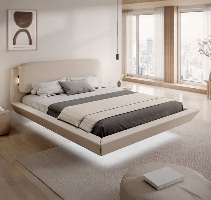 Lit double flottant couleur beige - LED multicolores - 160 X 200 cm -  Dayana
