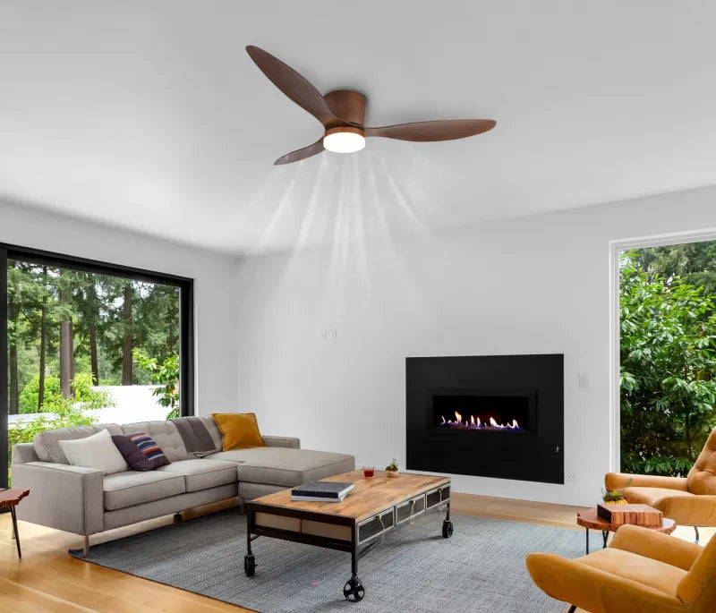 Ventilateur de plafond métal décor bois foncé et lampe - Armando