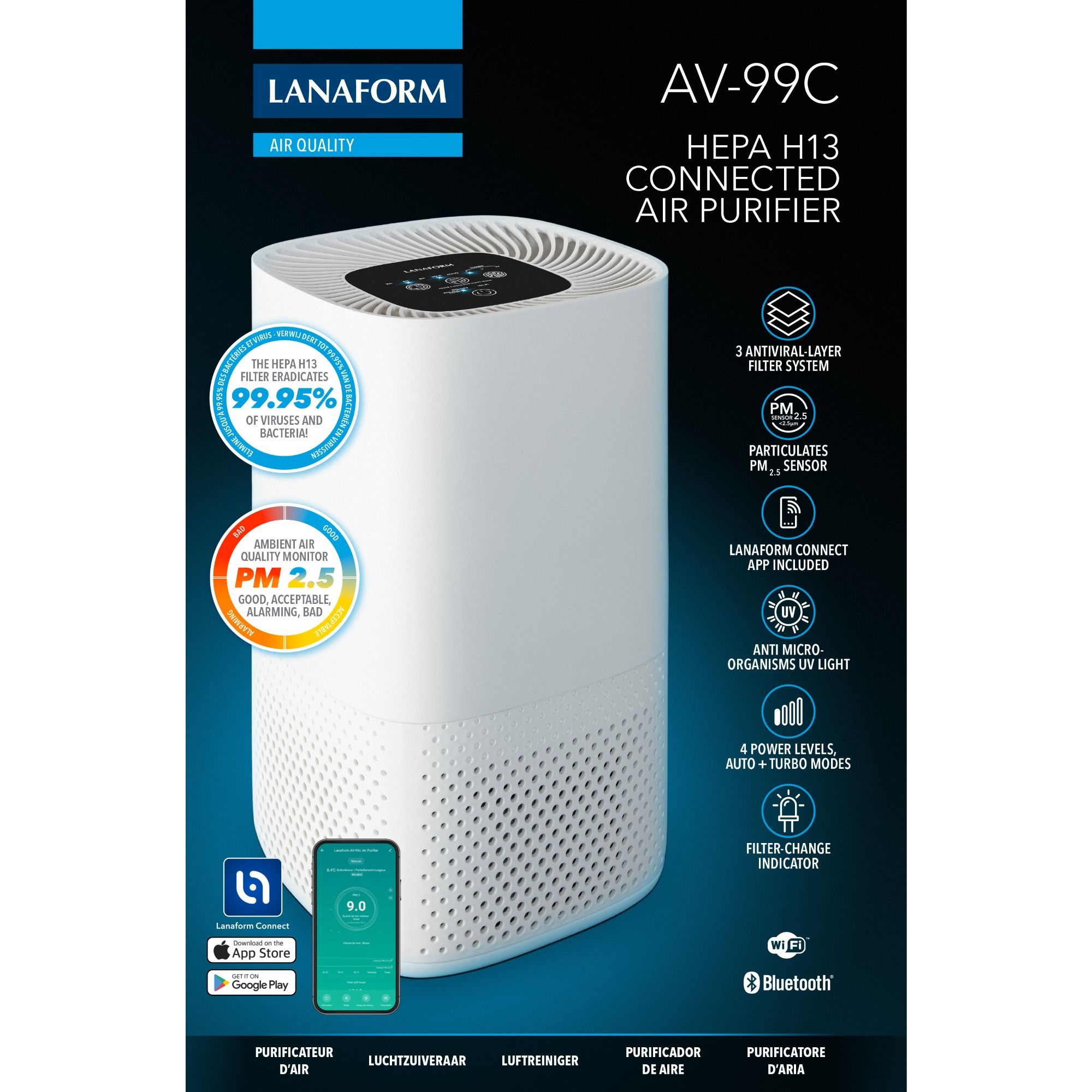 Purificateur d'air connecté avec filtre HEPA et lampe UV - AV99C