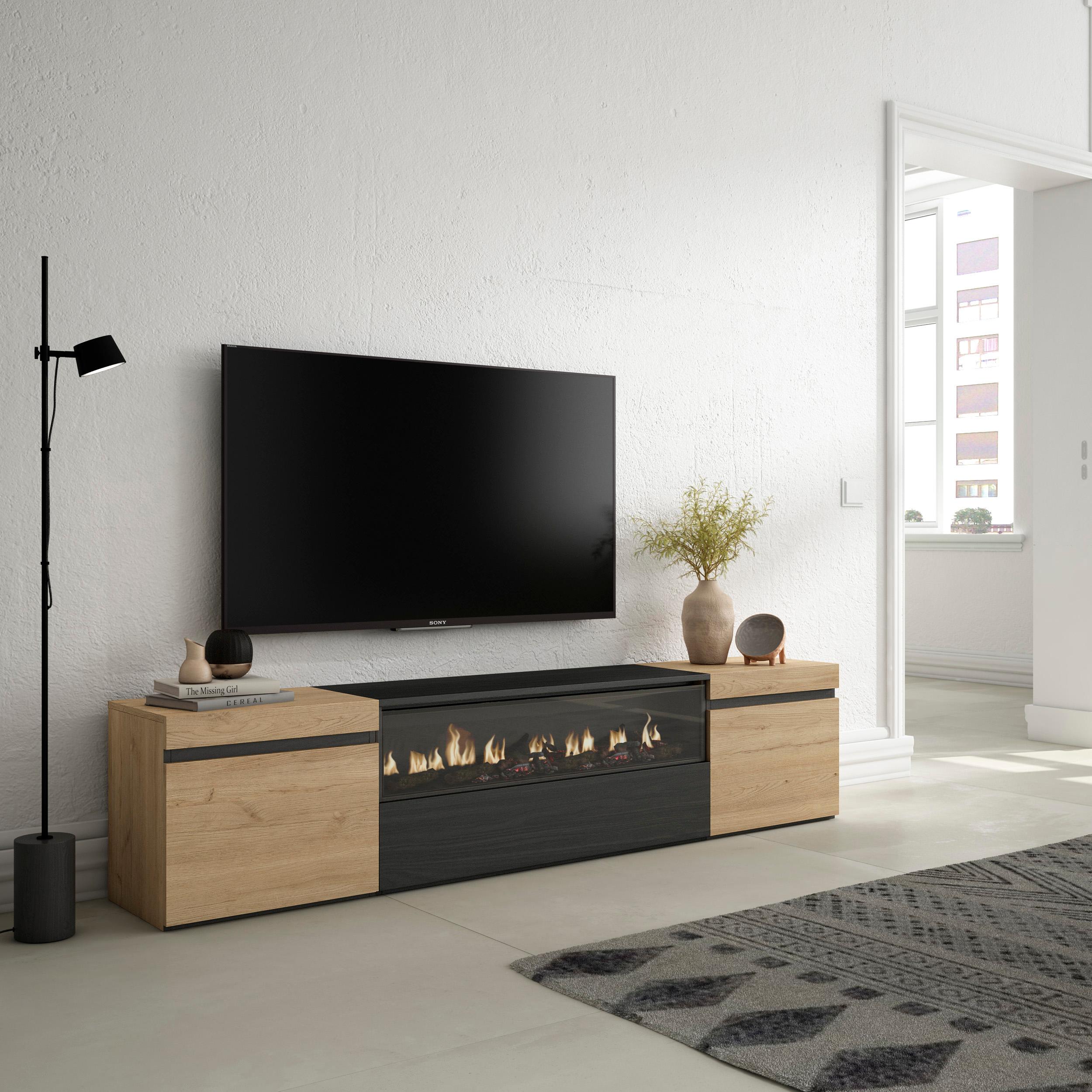 Meuble TV Chene et noir  200x45x35cm, Pour les TV jusqu'à 80", Cheminée électrique