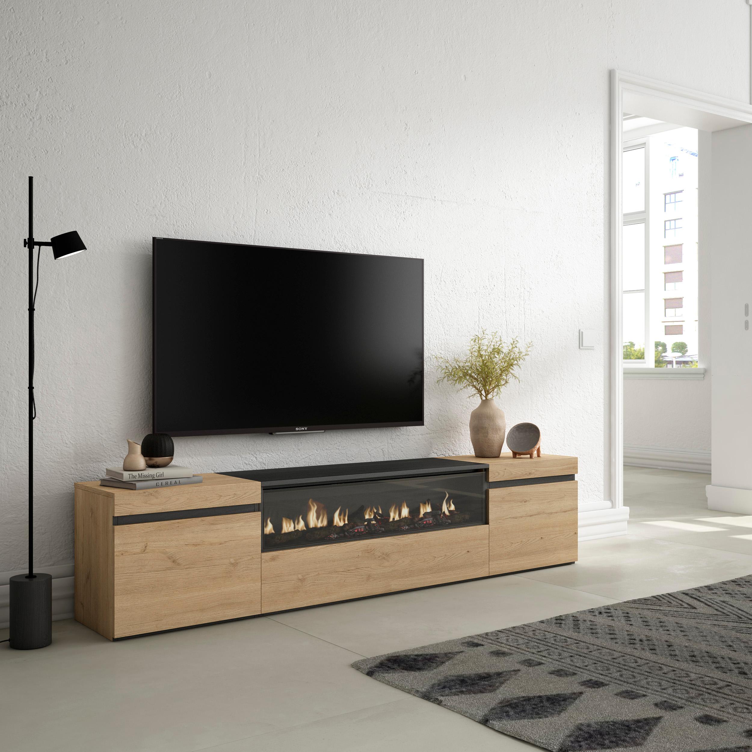 Meuble TV Chene et noir  200x45x35cm, Pour les TV jusqu'à 80", Cheminée électrique