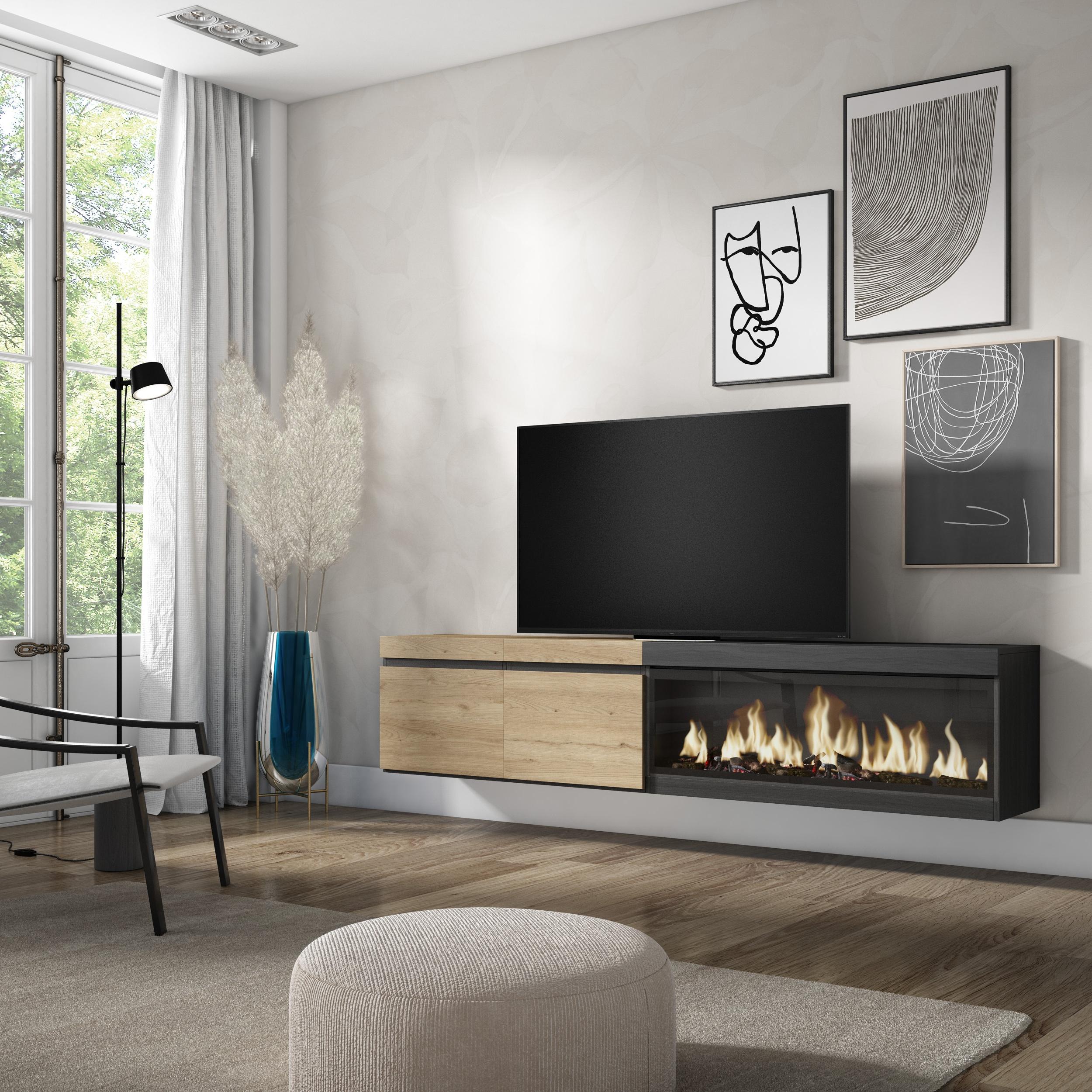 Meuble TV mural avec cheminée LED XXL (côté droit) - Chêne et noir
