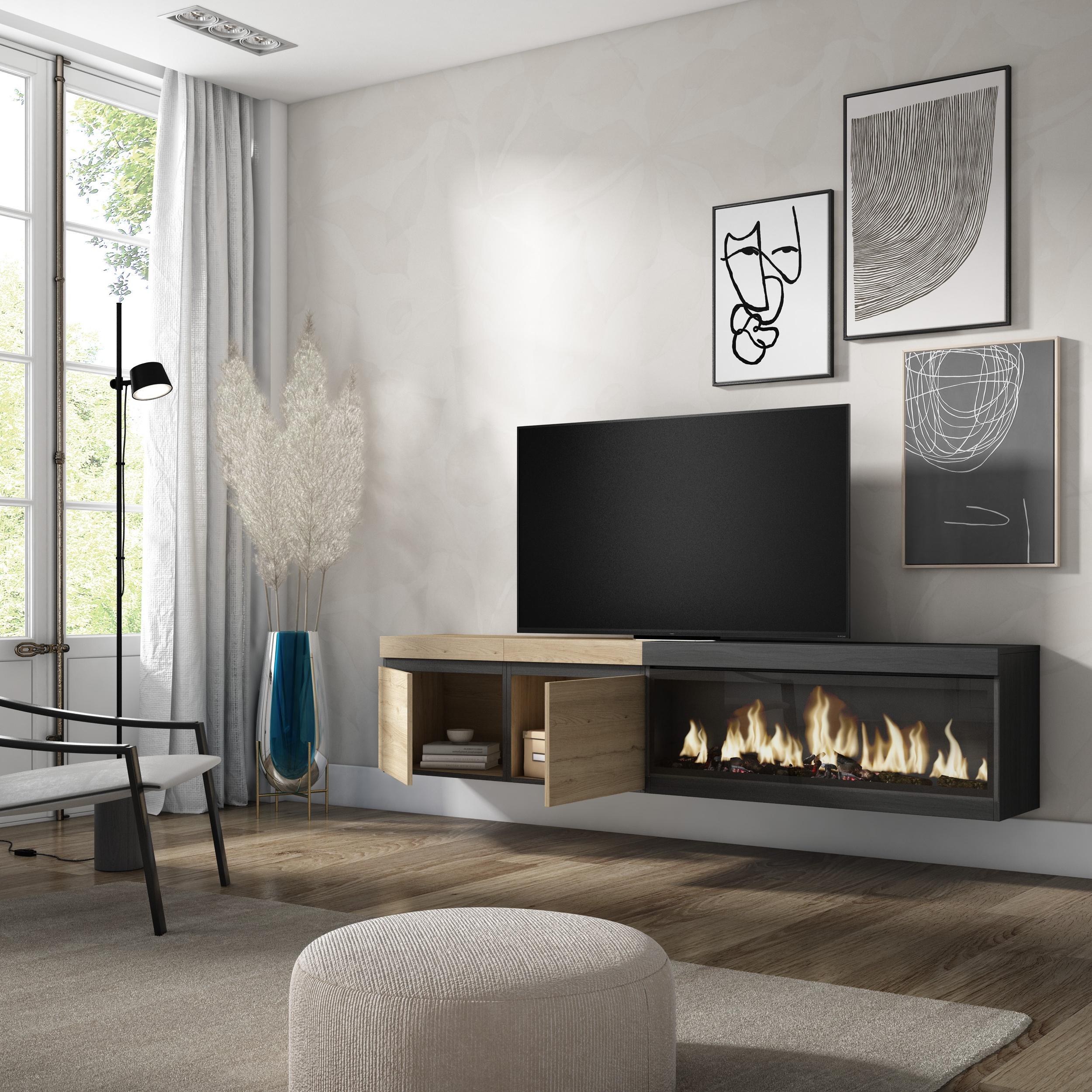 Meuble TV mural avec cheminée LED XXL (côté droit) - Chêne et noir