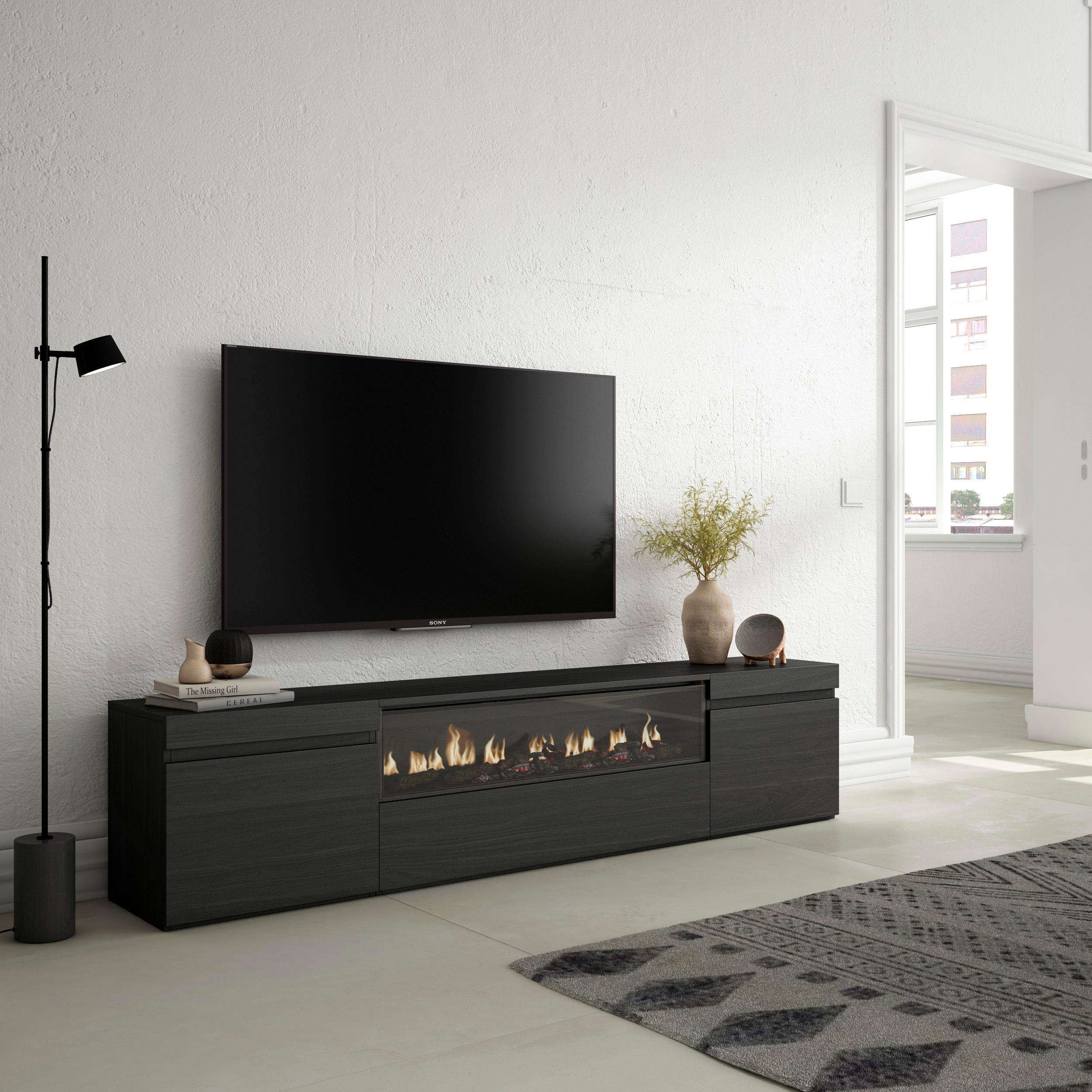 Meuble TV Noir  200x45x35cm, Pour les TV jusqu'à 80", Cheminée électrique