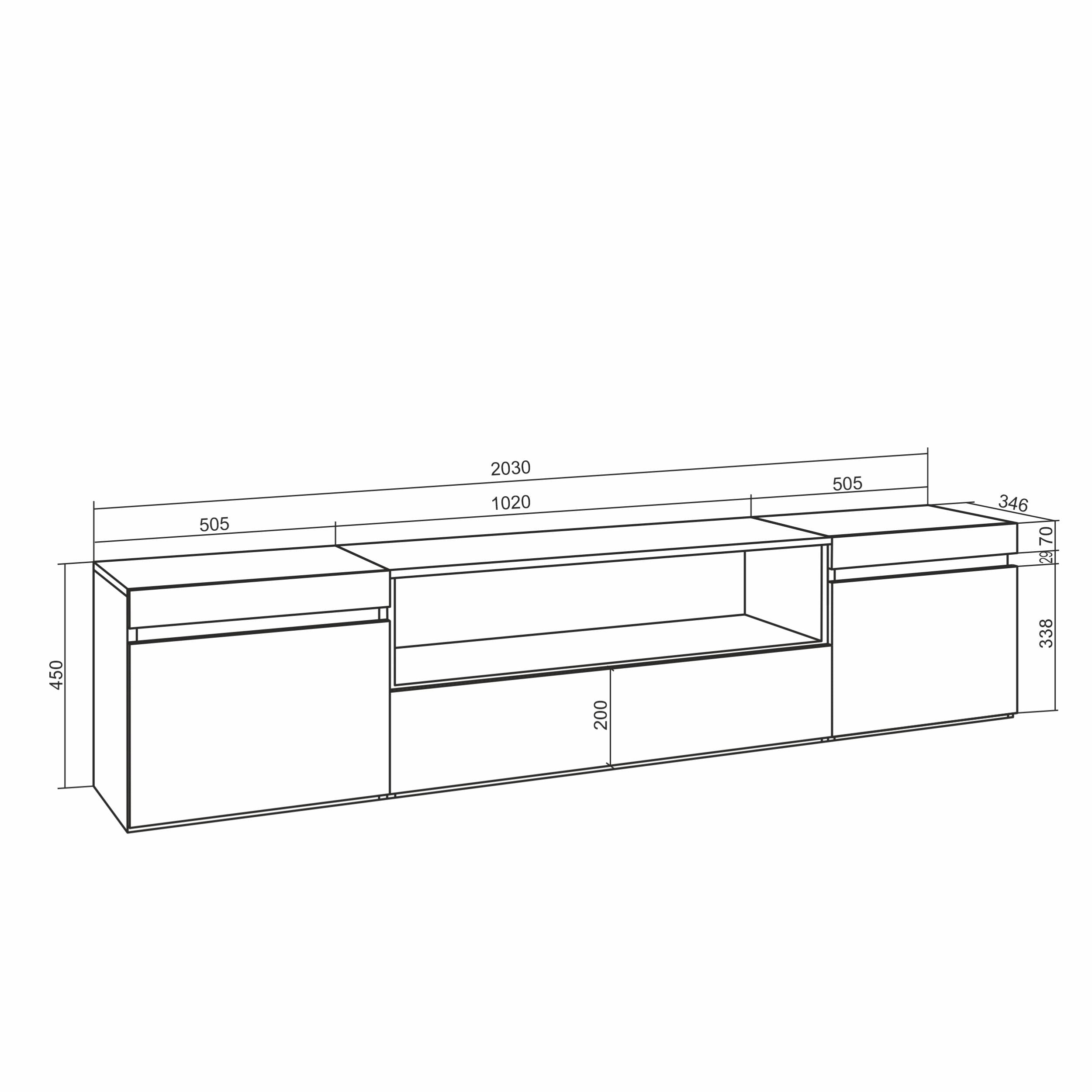 Meuble TV Chene et noir  200x45x35cm, Pour les TV jusqu'à 80", Cheminée électrique