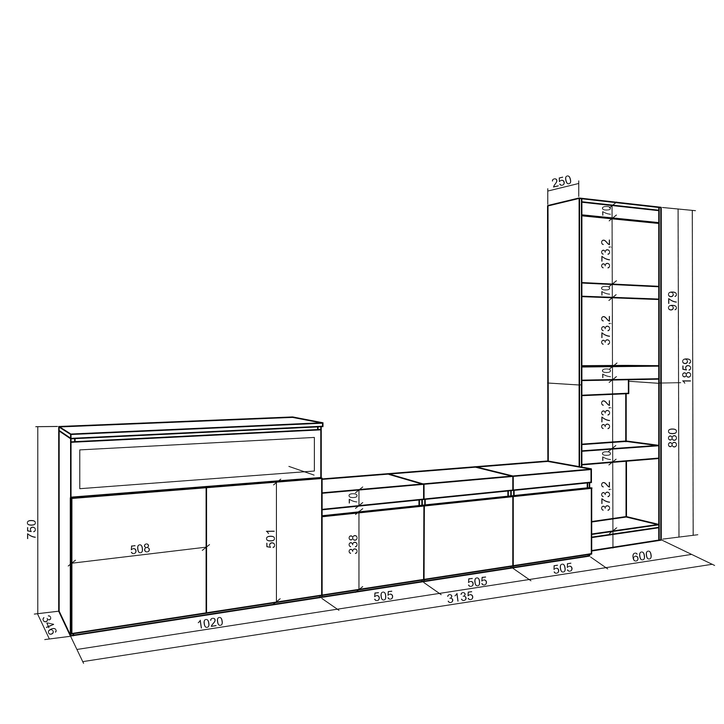 Ensemble Meuble TV, 310x186x35cm, Pour les TV jusqu'à 65", Cheminée électrique